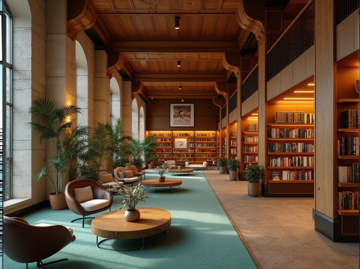 Prompt: Cozy library atmosphere, rich wood accents, comfortable seating areas, floor-to-ceiling bookshelves, warm beige tones, soft golden lighting, calming blue hues, earthy brown colors, natural stone walls, rustic wooden tables, plush green carpets, minimalist metal chairs, modern abstract art pieces, subtle texture variations, shallow depth of field, 1/2 composition, soft focus effect, realistic renderings.