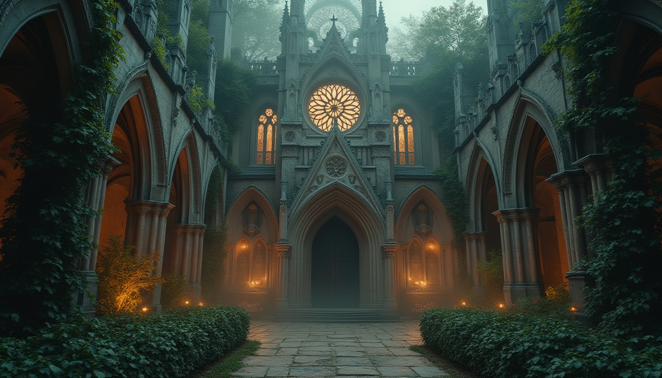 Prompt: Mysterious Gothic cathedral, intricately carved stone facades, stained glass windows, grandiose entrance doors, mystical rose windows, ornate gargoyles, flying buttresses, lush greenery, overgrown vines, misty atmosphere, warm golden lighting, dramatic shadows, 1/1 composition, low-angle shot, cinematic mood, eerie ambiance, medieval-inspired textures, mystical fog effects.