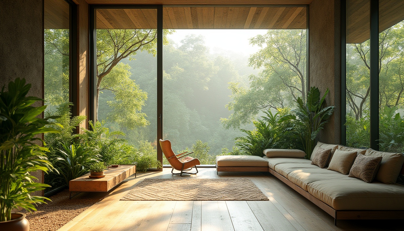 Prompt: Minimalist interior design, floor-to-ceiling windows, seamless transitions, blurring boundaries, natural ventilation, abundant daylight, lush greenery, vertical gardens, living walls, botanical patterns, organic textures, earthy color palette, sustainable materials, eco-friendly furniture, sliding glass doors, panoramic views, shallow depth of field, 1/1 composition, soft warm lighting, realistic reflections, ambient occlusion.