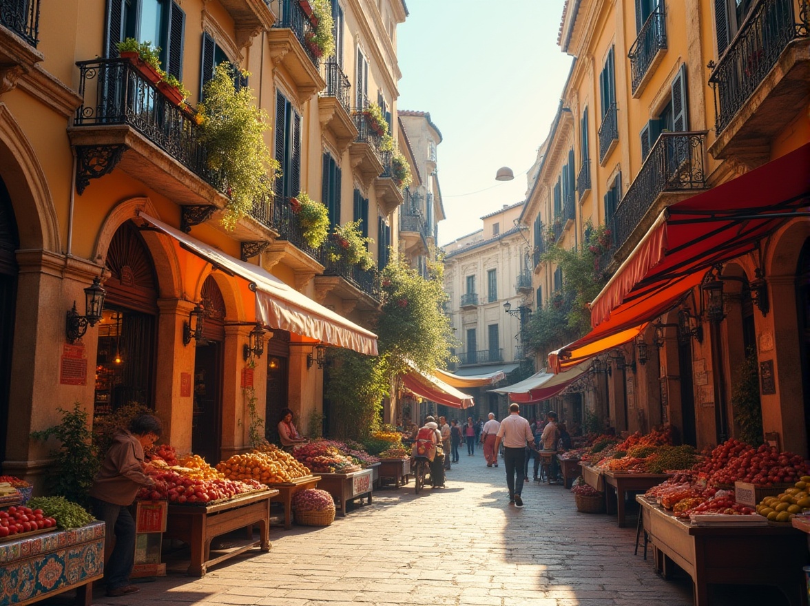 Prompt: Rustic market square, ornate facades, grand archways, vibrant colorful tiles, intricate stone carvings, ornamental lanterns, wrought iron balconies, wooden shutters, Renaissance-inspired details, warm golden lighting, soft afternoon sun, shallow depth of field, 1/2 composition, realistic textures, ambient occlusion, lively street atmosphere, bustling crowd scenes, vendor stalls, fresh produce displays, aromatic food smells, old-world charm.