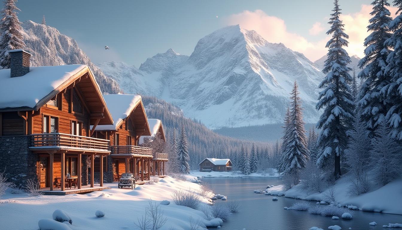 Prompt: Snow-capped mountains, frosty mornings, wooden ski lodges, rustic cabinetry, earthy tones, natural textures, warm fireplaces, cozy atmospheres, snowflake patterns, icy blues, powdery whites, rich browns, golden lighting, soft shadows, 3/4 composition, realistic rendering, ambient occlusion, misty mountainsides, frozen lakes, pine tree silhouettes.