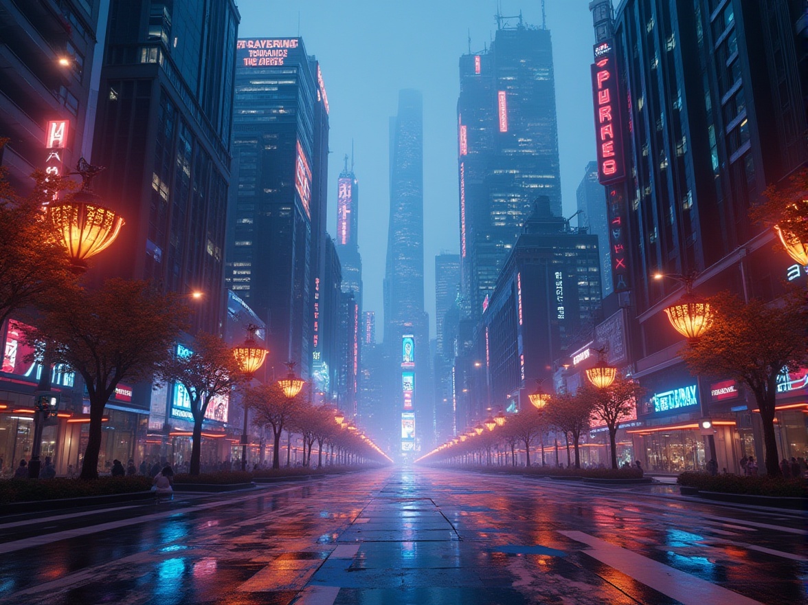 Prompt: Futuristic urban landscape, neon-lit skyscrapers, sleek metal towers, holographic advertisements, LED streetlights, vibrant colorful accents, soft warm ambient lighting, high-contrast dramatic shadows, 3D projection mapping, dynamic light installations, kinetic sculptures, luminescent textiles, glowing pathways, electric atmosphere, cyberpunk ambiance, panoramic cityscape, realistic reflections, shallow depth of field.