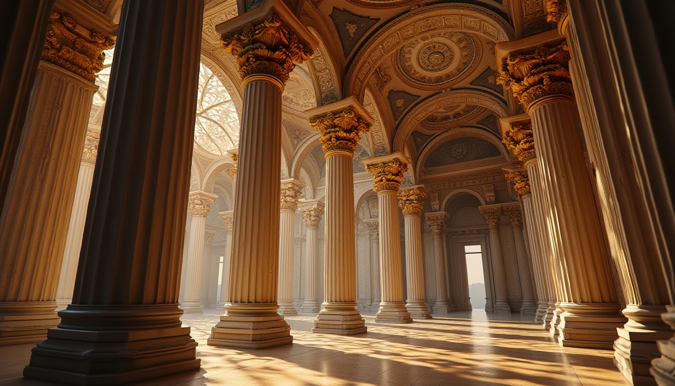 Prompt: Ornate Renaissance columns, Corinthian capitals, fluted shafts, ornamental carvings, sculpted decorations, grandiose arches, majestic domes, intricately designed vaulted ceilings, opulent frescoes, lavish gilding, subtle chiaroscuro, warm golden lighting, 1/2 composition, low-angle shot, realistic textures, ambient occlusion.