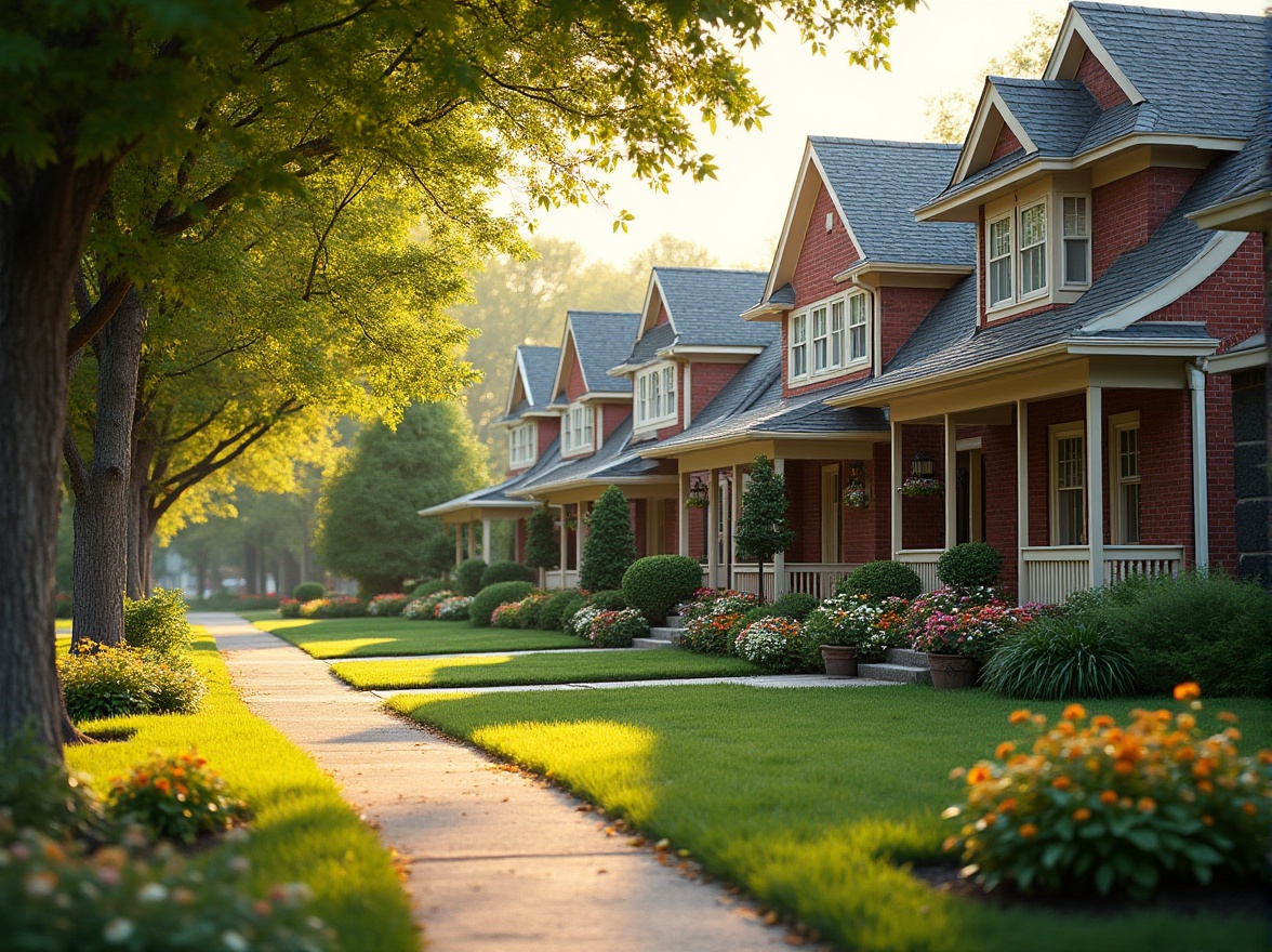 Prompt: Suburban neighborhood, cozy single-family homes, pitched roofs, brick facades, manicured lawns, blooming flower beds, tree-lined sidewalks, quiet streets, family-friendly atmosphere, natural sunlight, soft warm lighting, 1/1 composition, intimate scale, inviting porches, decorative trims, earthy color palette, organic textures, serene ambiance.