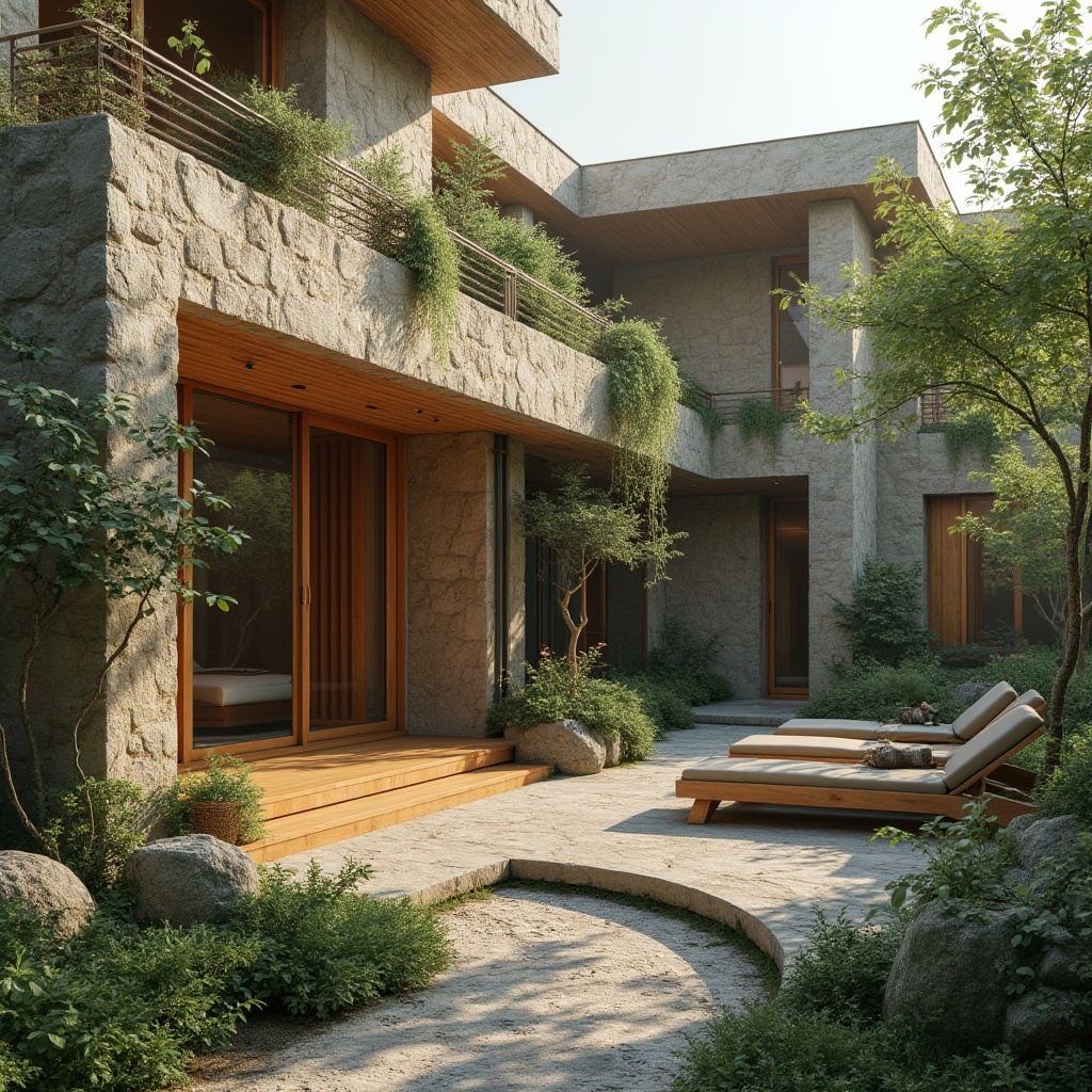 Prompt: Earth-toned stone facades, reclaimed wood accents, living green walls, bamboo flooring, natural fiber textiles, earthy color palette, organic shapes, curved lines, sustainable building practices, energy-efficient systems, rainwater harvesting, solar panels, wind turbines, lush vegetation, serene outdoor spaces, misty morning atmosphere, soft diffused lighting, 3/4 composition, realistic textures, ambient occlusion.