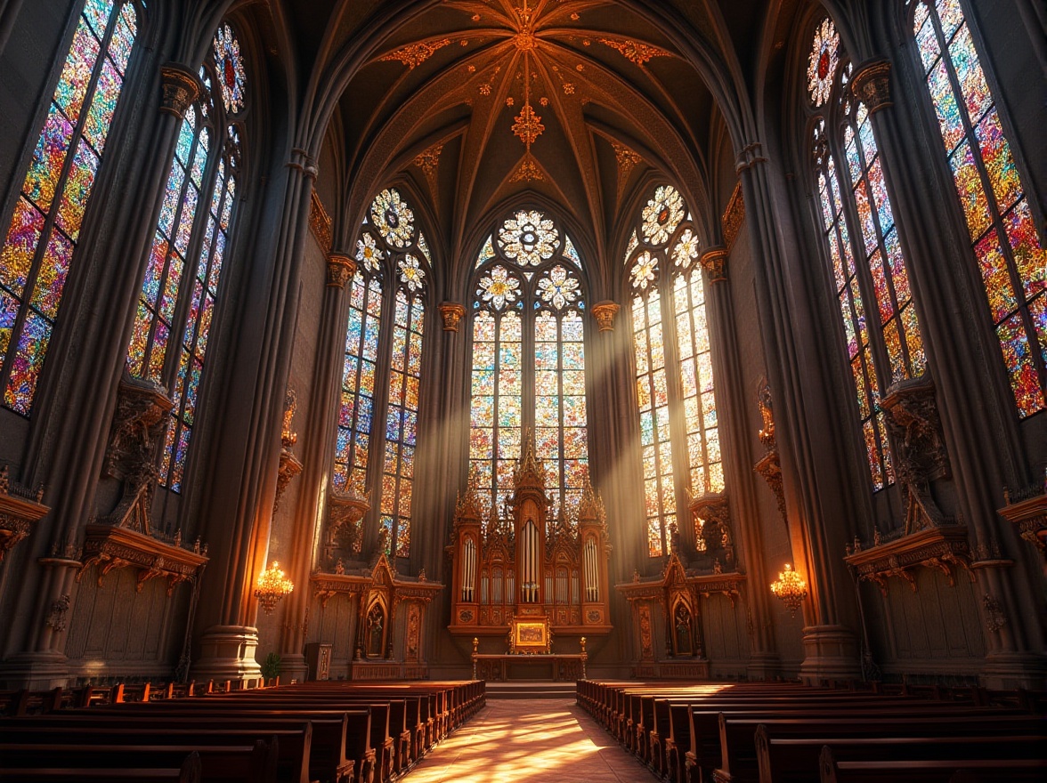 Prompt: Vibrant stained glass windows, intricate ornate designs, kaleidoscope colors, Gothic cathedral architecture, grandiose vaulted ceilings, ornate stone carvings, sacred religious symbols, delicate floral patterns, radiant light filtering, warm golden tones, stunning altar decorations, ornate wooden pews, majestic pipe organs, serene ambiance, soft diffused lighting, high contrast ratio, 1/1 composition, symmetrical framing, realistic glass textures, ambient occlusion.