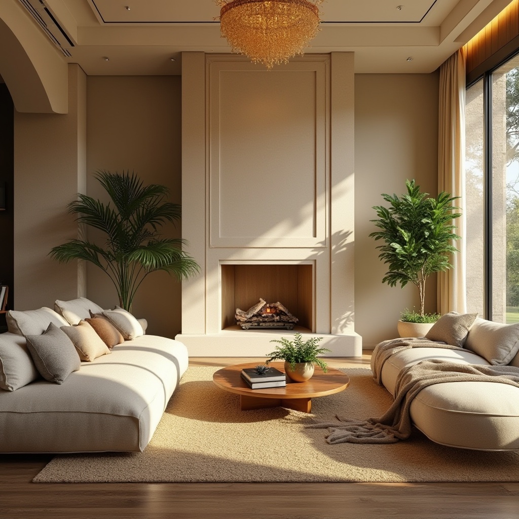 Prompt: Cozy living room, plush sofas, warm beige walls, rich wood flooring, soft golden lighting, comfortable pillows, vibrant green plants, elegant chandelier, modern minimalist decor, spacious open layout, floor-to-ceiling windows, natural stone fireplace, earthy color palette, textured throw blankets, inviting ambiance, relaxed atmosphere, harmonious furniture arrangement, 1/1 composition, shallow depth of field, warm color tone.