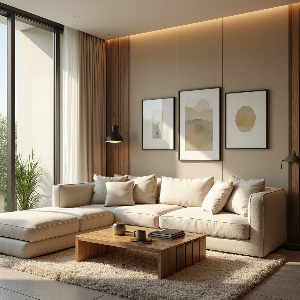 Prompt: Cozy living room, minimalist decor, comfortable sectional sofa, wooden coffee table, floor-to-ceiling windows, natural light, soft cream curtains, plush area rug, modern art pieces, geometric patterned wallpaper, warm beige walls, sleek metal lamps, functional storage units, ergonomic chairs, greenery, ambient lighting, 1/1 composition, shallow depth of field, realistic textures.