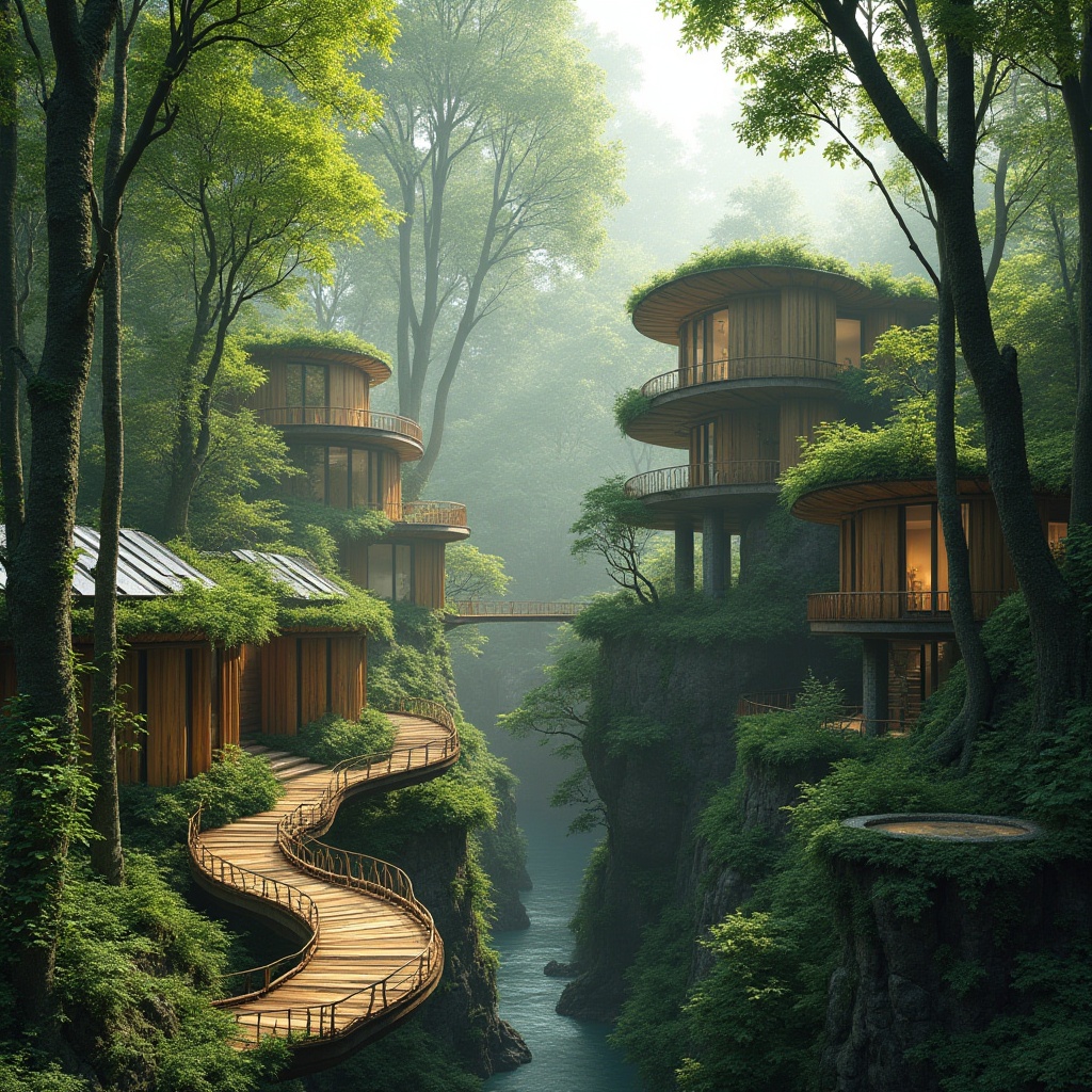 Prompt: Harmonious forest ecosystem, towering trees, lush green canopies, winding wooden walkways, natural stone buildings, earthy tones, organic forms, seamless integration, blurring boundaries, eco-friendly materials, reclaimed wood accents, living walls, verdant roofs, solar panels, rainwater harvesting systems, misty atmosphere, soft diffused lighting, shallow depth of field, 1/1 composition, intimate perspective, realistic textures.