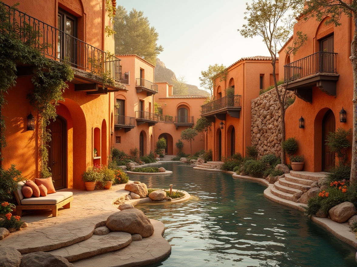 Prompt: Warm persimmon hue buildings, earthy tones, natural stone walls, wooden accents, cozy interior spaces, soft warm lighting, inviting atmosphere, organic shapes, curved lines, rustic textures, Mediterranean-inspired architecture, sun-kissed exterior, lush greenery, vibrant flowers, tranquil water features, shallow depth of field, 3/4 composition, panoramic view, realistic materials, ambient occlusion.