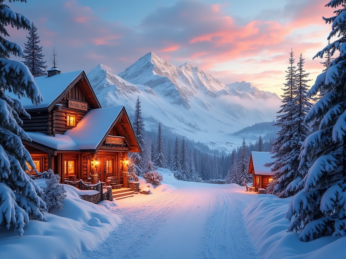 Prompt: Snow-capped mountains, icy slopes, frosty mornings, wooden ski lodges, rustic cabins, cozy fireplaces, warm lighting, earthy tones, natural materials, rough-hewn wood accents, vintage ski equipment, snowy pine trees, frozen lakes, misty valleys, dramatic sunsets, soft powder snow, dynamic ski trails, thrill-seeking atmosphere, energetic vibe, bold color scheme, icy blues, snowy whites, earthy browns, vibrant oranges, deep reds, rustic textures, weathered metals, wooden signage, festive lighting, panoramic views, 3/4 composition, realistic rendering, ambient occlusion.