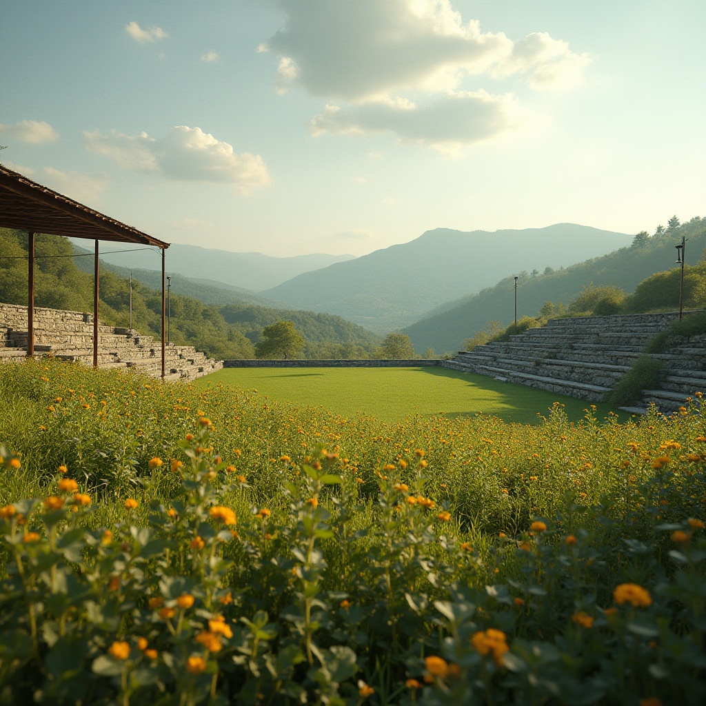 Prompt: Rustic rural landscape, rolling hills, lush green grass, wildflowers, natural stone seating areas, wooden bleachers, vintage metal goalposts, countryside views, sunny afternoon, soft warm lighting, shallow depth of field, 3/4 composition, panoramic view, realistic textures, ambient occlusion.