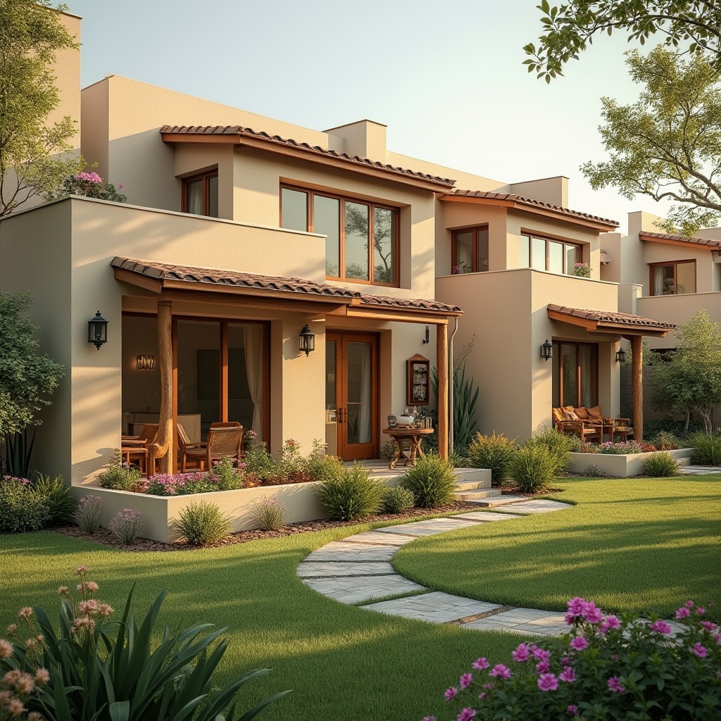 Prompt: Cozy residential exterior, warm earthy tones, soft beige walls, rustic brown roofs, lush green lawns, vibrant flower beds, natural stone pathways, wooden accents, modern minimalism, large windows, sliding glass doors, sunny day, warm golden lighting, shallow depth of field, 3/4 composition, realistic textures, ambient occlusion.