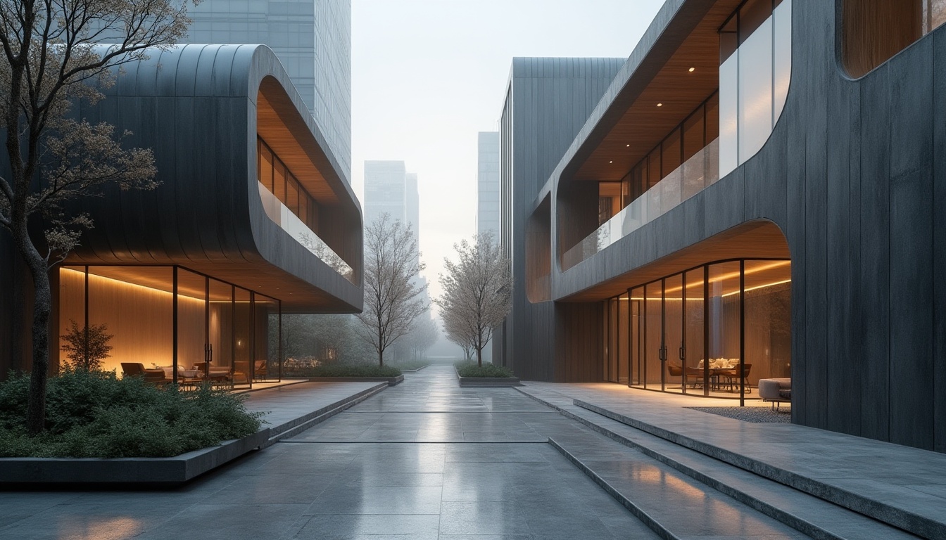 Prompt: Streamlined modern buildings, curved lines, minimalist aesthetics, low-maintenance materials, durable metals, recycled aluminum, sustainable wood accents, large glass windows, sleek steel frames, polished concrete floors, matte black walls, ambient LED lighting, urban cityscape, misty morning atmosphere, shallow depth of field, 1/1 composition, realistic reflections, detailed textures.