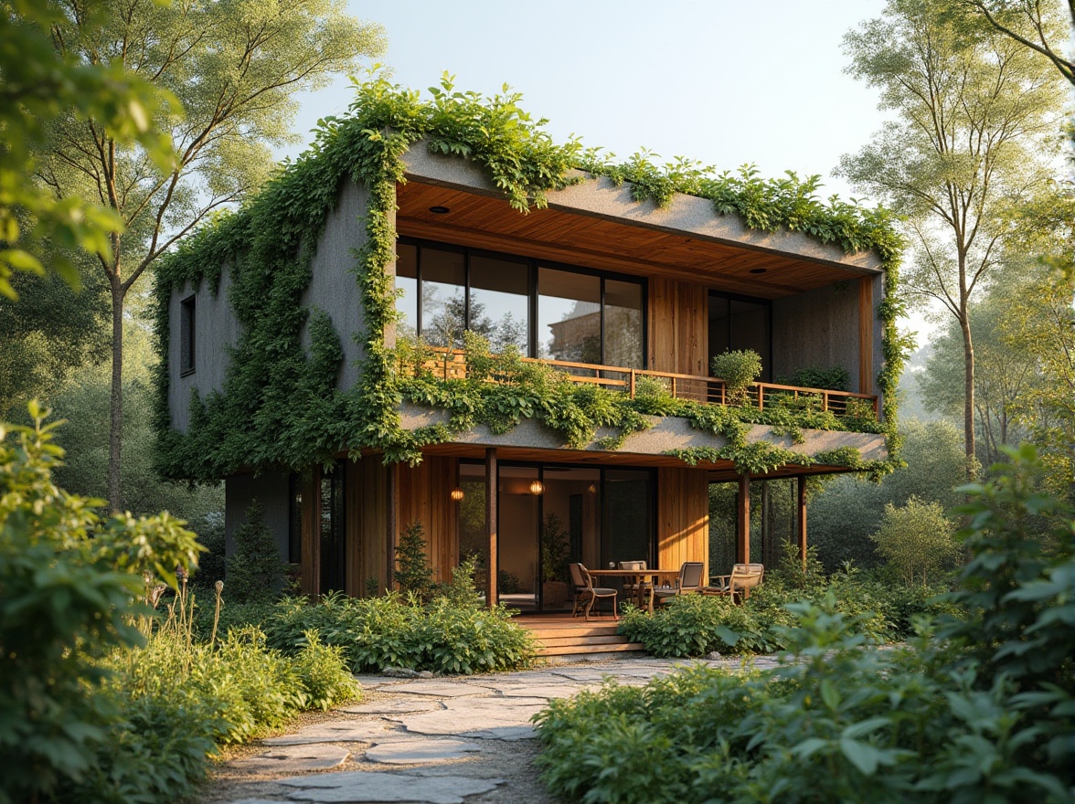 Prompt: Eco-friendly building facade, reclaimed wood accents, living green walls, solar panels integration, wind turbines installation, rainwater harvesting systems, grey water reuse, recycled glass materials, low-carbon concrete structures, bamboo flooring, natural fiber insulation, energy-efficient glazing, double-glazed windows, minimalist design aesthetic, organic shapes, earthy color palette, abundant natural light, soft warm ambiance, shallow depth of field, 3/4 composition, realistic textures, ambient occlusion.