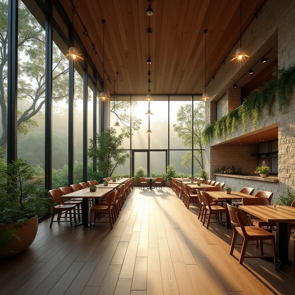 Prompt: Spacious dining hall, high ceilings, large windows, sliding glass doors, natural stone walls, wooden flooring, minimalist decor, abundant greenery, pendant light fixtures, soft warm lighting, shallow depth of field, 3/4 composition, panoramic view, realistic textures, ambient occlusion, morning sunlight, afternoon warmth, cozy ambiance, rustic charm, earthy tones, organic feel.