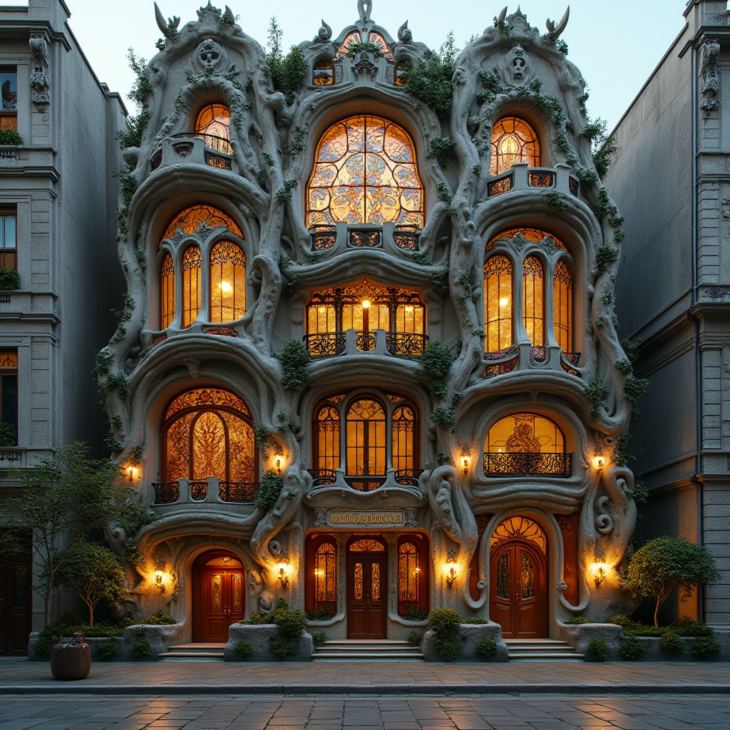 Prompt: Intricate Art Nouveau building, ornate facades, flowing organic lines, sinuous curves, whiplash tendrils, botanical motifs, stained glass windows, iridescent colors, shimmering mosaics, textured stone walls, rough-hewn granite, smooth marble, gleaming copper accents, ornamental ironwork, twisted metal railings, grand entranceways, sweeping arches, dramatic staircases, luminous sconces, soft warm lighting, 1/2 composition, shallow depth of field, realistic textures, ambient occlusion.