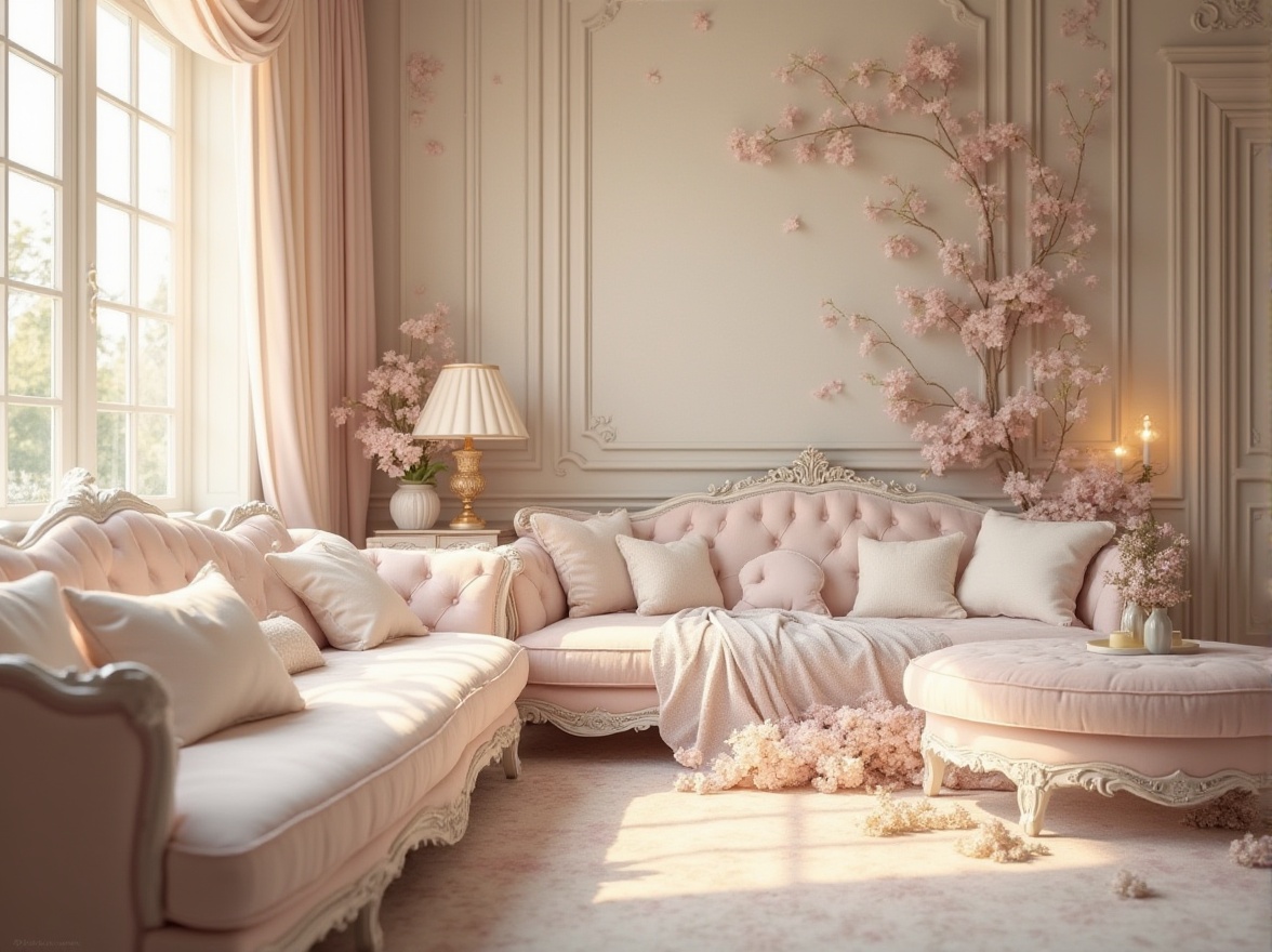 Prompt: Soft lilac hues, creamy whites, warm beige tones, rich walnut woods, velvety soft furnishings, ornate golden accents, subtle shimmering effects, elegant Victorian-era inspirations, classic floral patterns, whimsical illustrations, delicate watercolor textures, gentle morning light, shallow depth of field, 1/2 composition, romantic atmosphere.