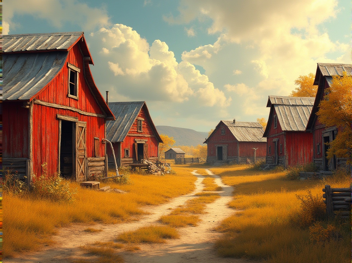 Prompt: Rustic rural landscape, weathered wooden barns, asymmetrical shapes, dynamic angles, abstract forms, vibrant red and yellow hues, corrugated metal roofs, distressed textures, earthy tones, natural materials, organic structures, whimsical details, playful silhouettes, dramatic skies, warm golden lighting, shallow depth of field, 1/2 composition, high contrast, gritty realistic render.