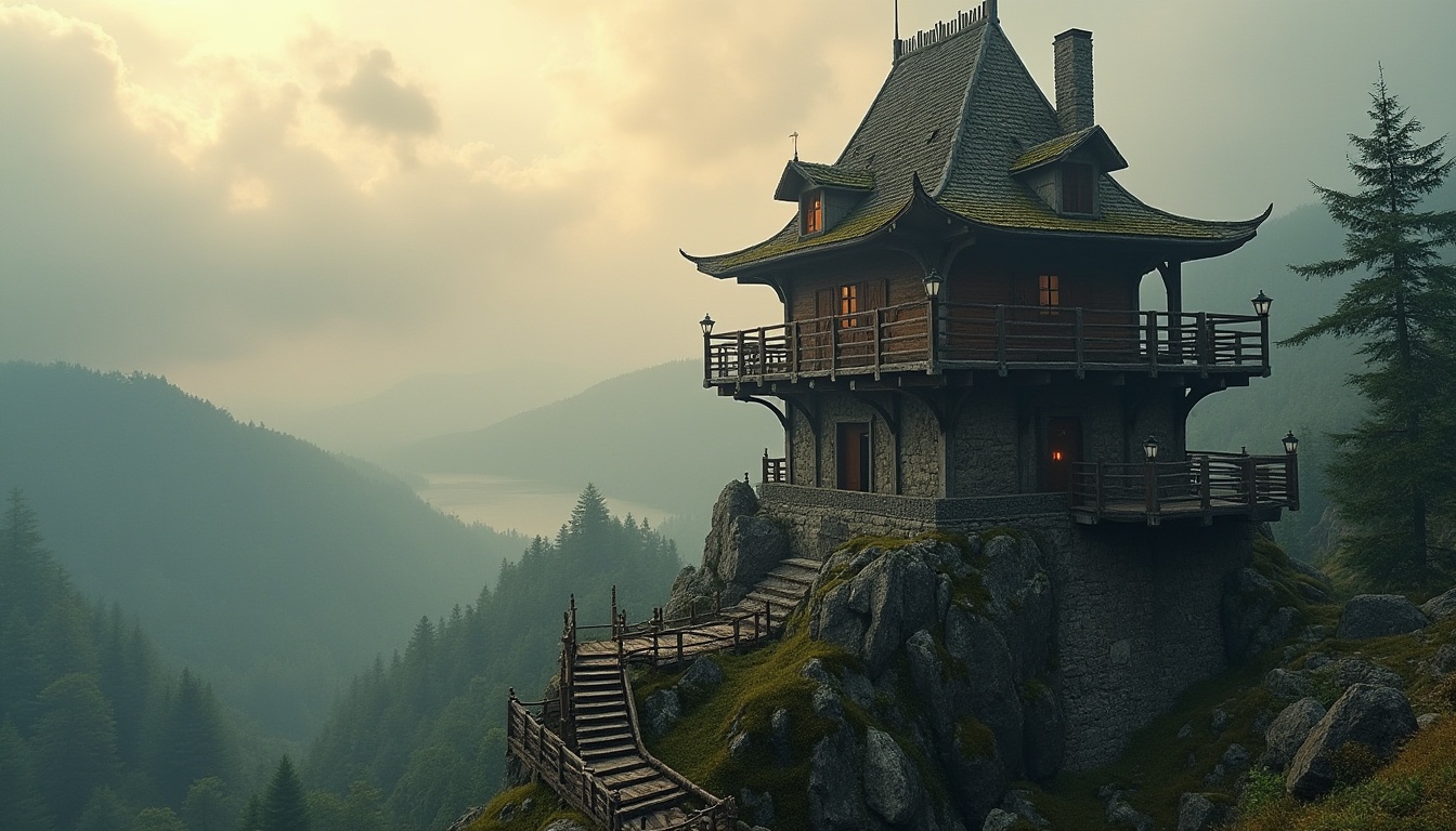 Prompt: Majestic watchtowers, rustic stone walls, moss-covered roofs, wooden beam structures, vintage lanterns, winding staircases, scenic lookout points, misty mountain landscapes, serene forests, tranquil lakesides, warm golden lighting, atmospheric fog effects, 3/4 composition, dramatic low-angle shots, realistic weathering textures, ambient occlusion.