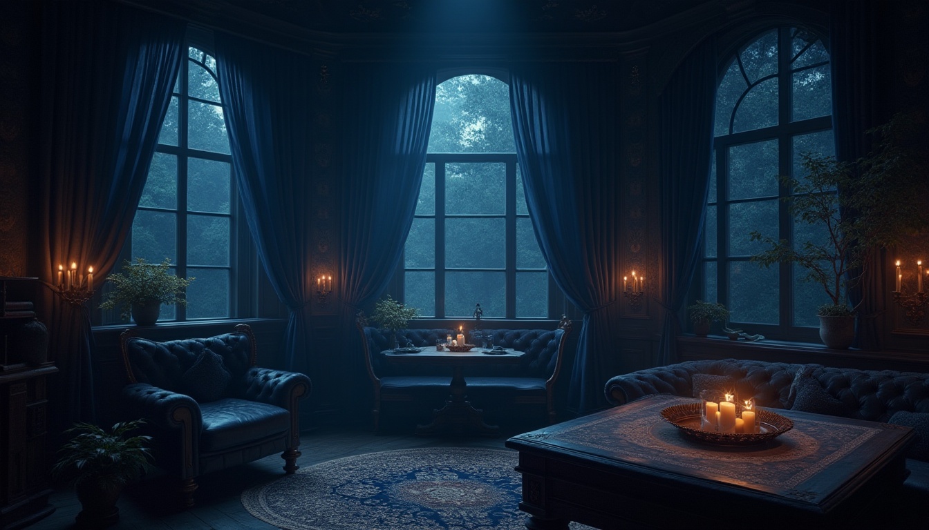 Prompt: Mysterious indigo night sky, stars twinkling, subtle moonlight, dark blue accents, rich velvet fabrics, luxurious leather textures, metallic bronze details, ornate antique furniture, lavish drapes, mystical ancient tomes, dimly lit study rooms, warm candlelit atmosphere, soft focus photography, cinematic 2.35