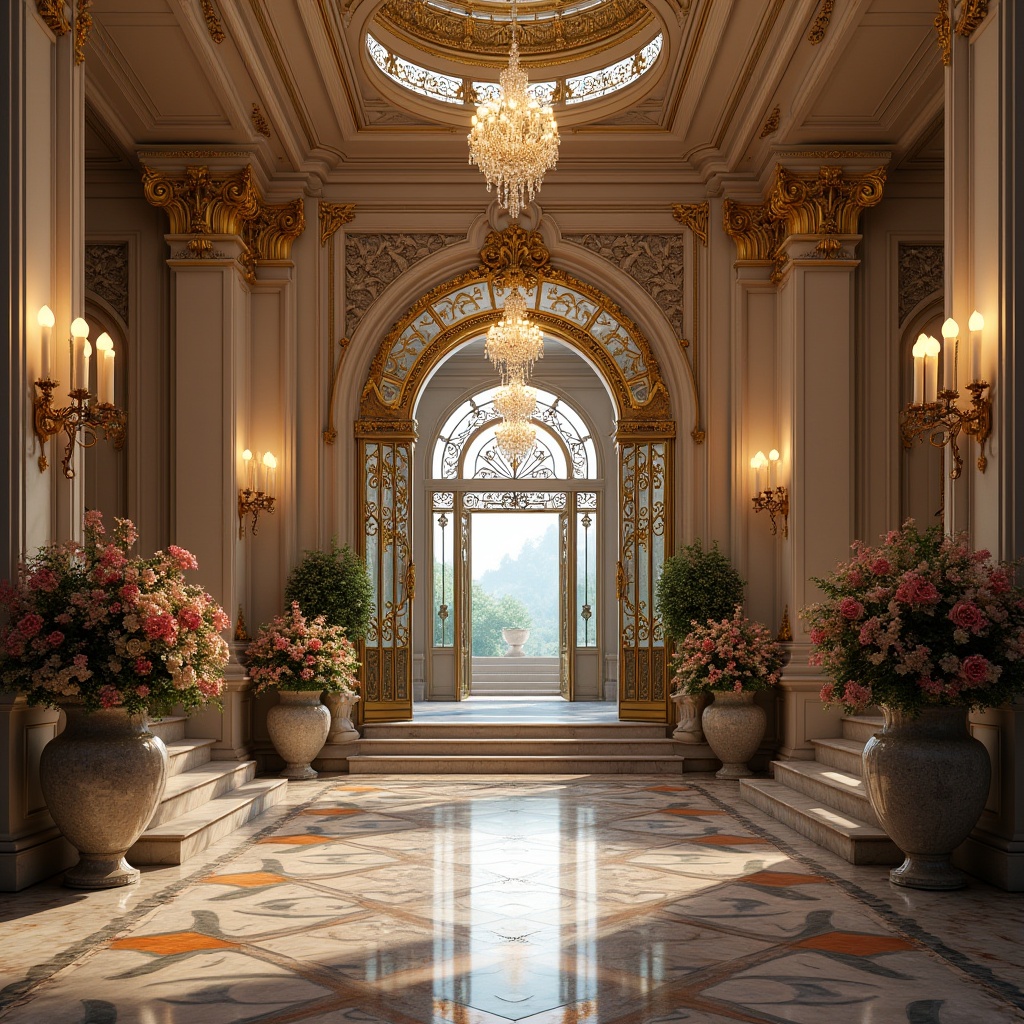 Prompt: Grand entrance gates, ornate metalwork, majestic stone columns, sweeping archways, lavish foyers, crystal chandeliers, polished marble floors, elegant staircases, luxurious velvet drapes, vibrant floral arrangements, soft warm lighting, shallow depth of field, 3/4 composition, panoramic view, realistic textures, ambient occlusion.