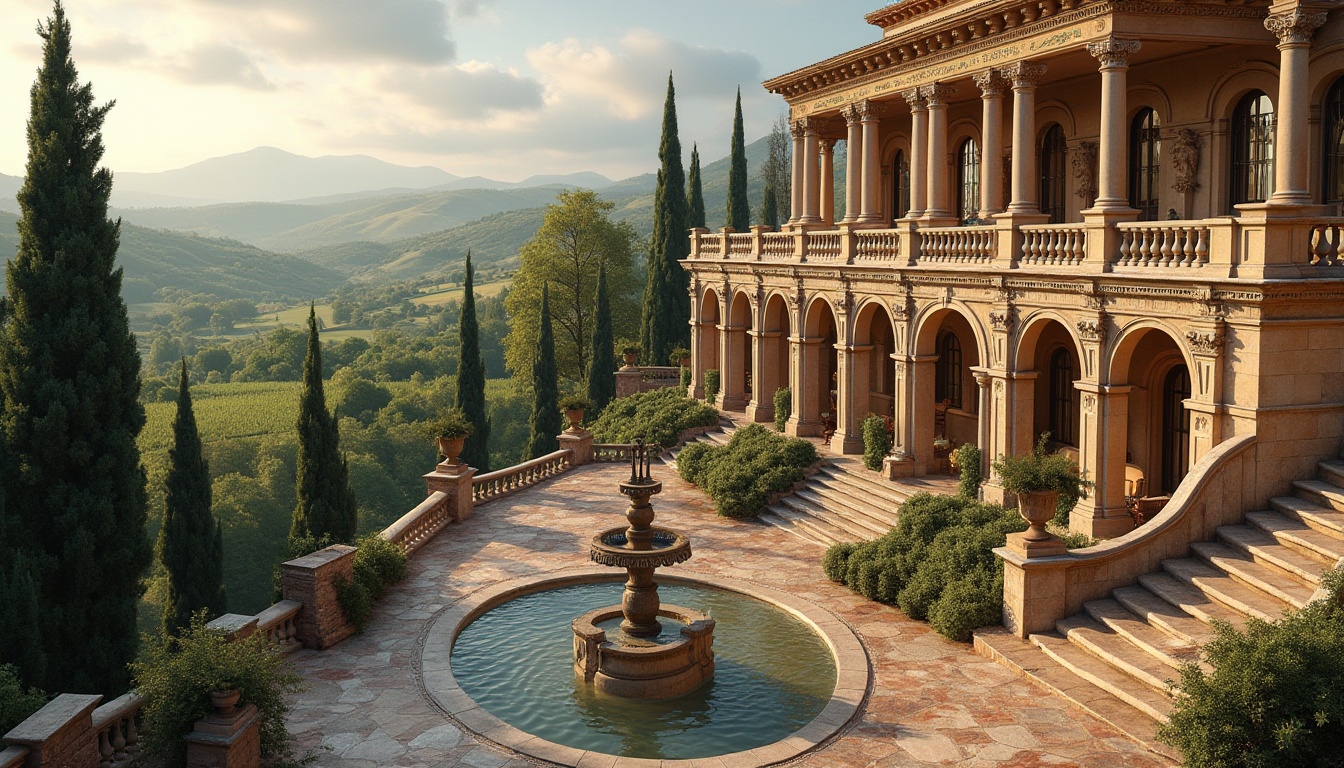 Prompt: Grand Tuscan villa, rolling hills, cypress trees, lush vineyards, olive groves, rustic stone walls, ornate fountains, classical columns, intricately carved archways, domed roofs, grand staircases, marble floors, fresco ceilings, soft warm lighting, 1/1 composition, atmospheric perspective, realistic textures, ambient occlusion.