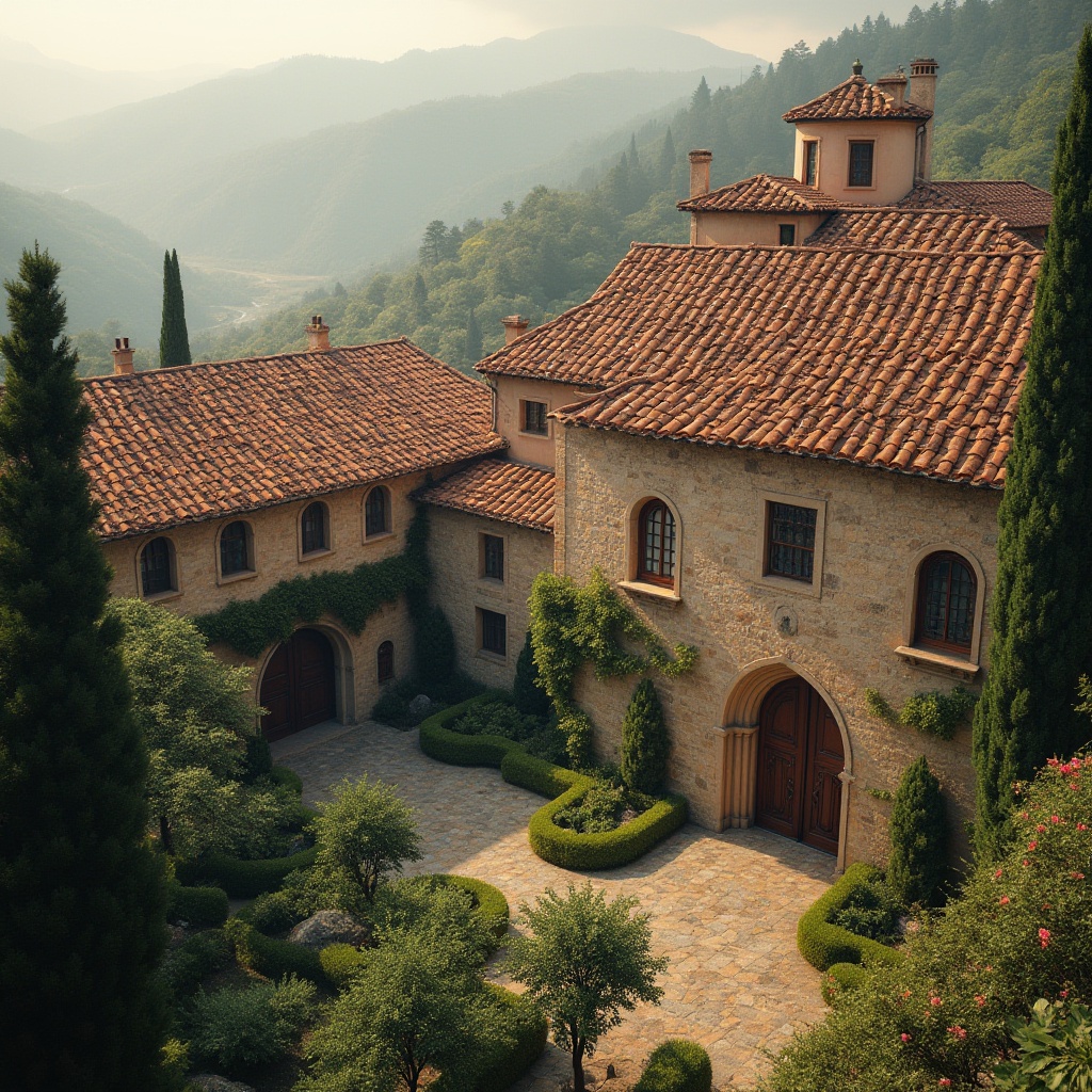 Prompt: Curved monastery rooftops, terracotta tiles, earthy tone facades, rustic stone walls, arched windows, stained glass details, ornate wooden doors, tranquil courtyard gardens, lush greenery, misty mountainous surroundings, warm golden lighting, soft focus, 1/1 composition, symmetrical framing, realistic textures, ambient occlusion.