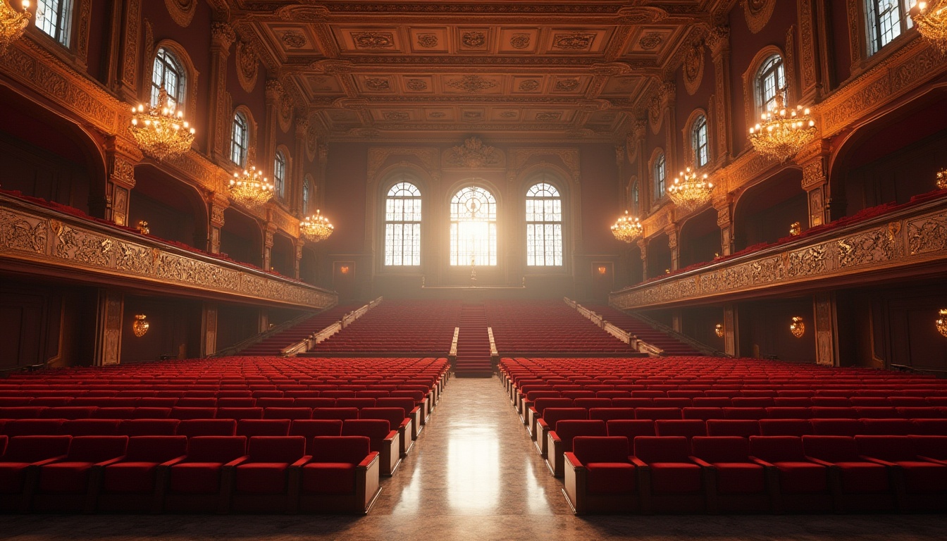 Prompt: Grand auditorium, high ceilings, ornate chandeliers, plush red velvet seats, intricately carved wooden walls, polished marble floors, sweeping staircases, dramatic archways, natural light pouring in through floor-to-ceiling windows, soft diffused lighting, gentle warm glow, afternoon sunlight, subtle shadows, 1/2 composition, symmetrical balance, realistic textures, ambient occlusion.