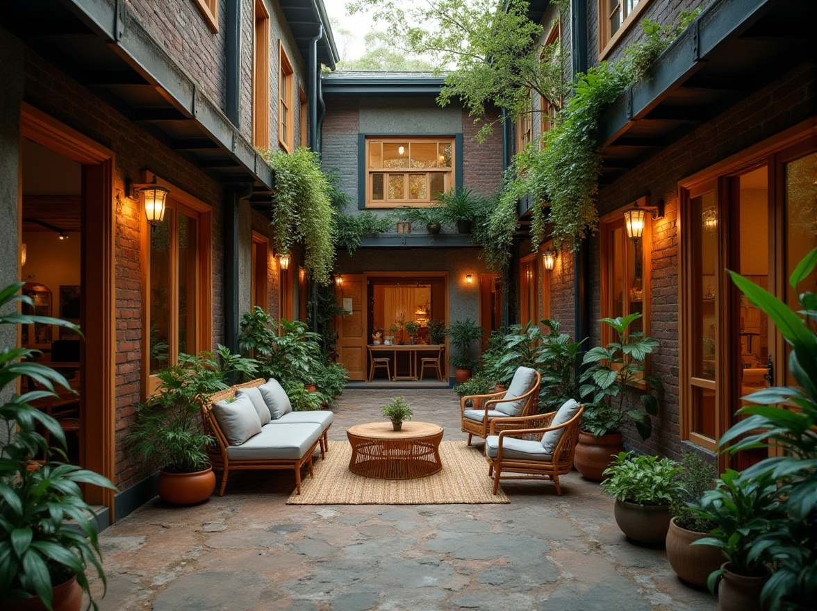 Prompt: Cozy hostel courtyard, reclaimed wood accents, earthy tone brick walls, green roofs, solar panels, wind turbines, rainwater harvesting systems, natural ventilation systems, exposed ductwork, industrial chic decor, recycled metal beams, low-VOC paint, bamboo flooring, woven rattan furniture, lush indoor plants, warm soft lighting, shallow depth of field, 1/1 composition, intimate atmosphere, realistic textures, ambient occlusion.