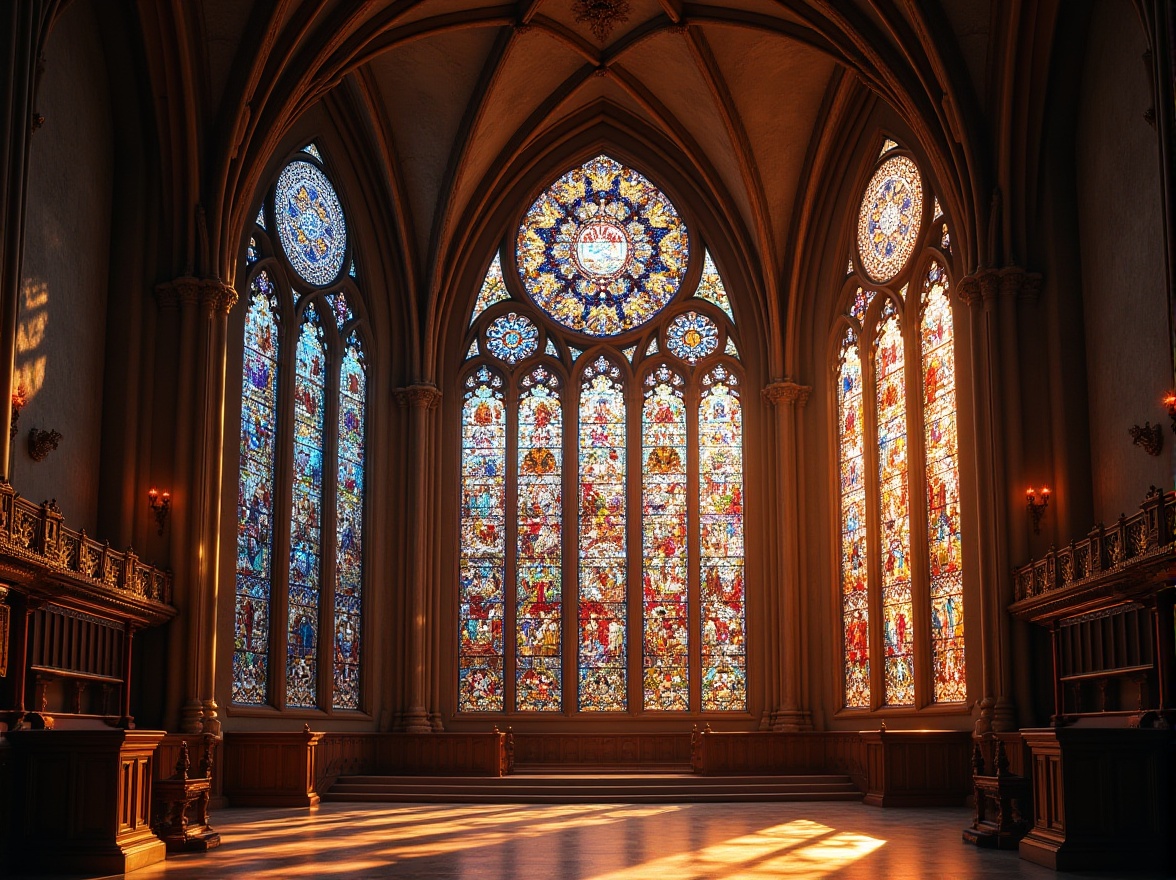 Prompt: Vibrant stained glass windows, kaleidoscope colors, intricate designs, Gothic architecture, grand cathedrals, ornate chapels, sacred spaces, ethereal light, heavenly ambiance, rich textures, detailed patterns, symbolic motifs, biblical scenes, majestic ceilings, soaring arches, ancient craftsmanship, exquisite details, warm golden lighting, subtle color gradations, 1/2 composition, symmetrical framing, realistic reflections, ambient illumination.