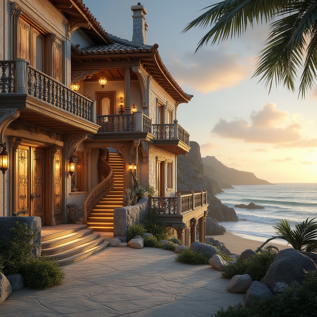 Prompt: Majestic seaside mansion, intricately carved wooden doors, ornate balconies, delicate ironwork railings, grandiose entrance halls, sweeping staircases, crystal chandeliers, plush furnishings, soft ocean breeze, warm sunlight, gentle waves, sandy beach, driftwood decorations, nautical accents, marine-inspired color palette, weathered wooden textures, rustic stone walls, seaside promenade, panoramic ocean views, dramatic sunset lighting, 1/1 composition, realistic water effects, atmospheric misting.