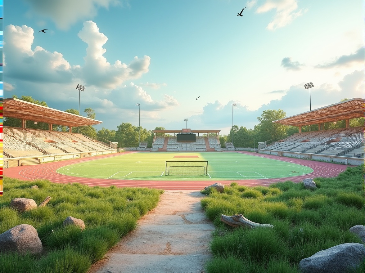 Prompt: Vibrant sports field, lush green grass, ocean-inspired color palette, calming blues, sandy neutrals, coral pinks, sunny yellow accents, weathered wood fences, modern stadium seating, sleek goalposts, athletic tracks, natural stone pathways, driftwood sculptures, seagull silhouettes, cloudy sky, soft warm lighting, shallow depth of field, 3/4 composition, panoramic view, realistic textures, ambient occlusion.