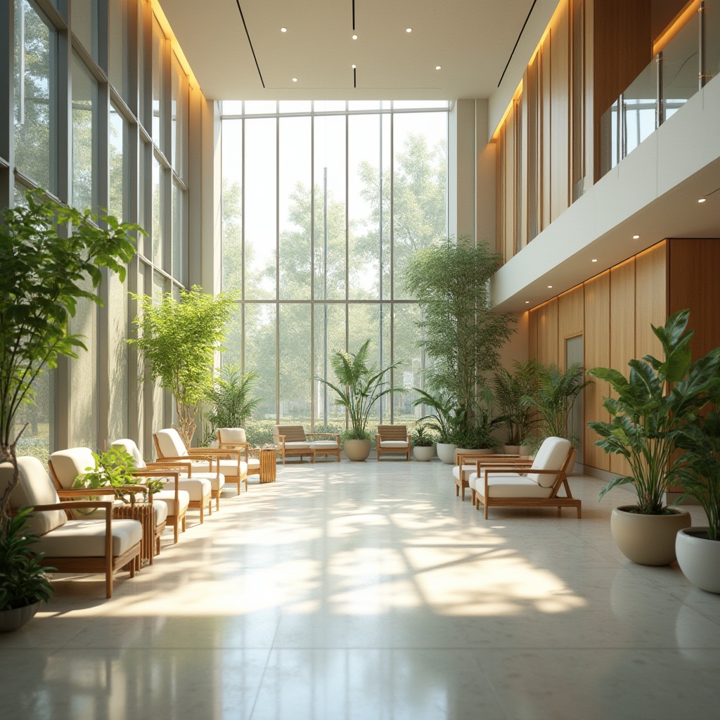 Prompt: Soothing healthcare facility, calming atmosphere, abundant natural light, floor-to-ceiling windows, minimalist decor, pastel color palette, warm wood accents, comfortable seating areas, lush greenery, living walls, gentle water features, peaceful courtyard gardens, serene outdoor spaces, soft diffused lighting, 1/1 composition, shallow depth of field, realistic textures, ambient occlusion.