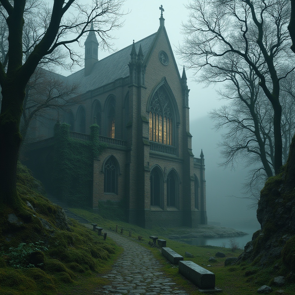 Prompt: Mysterious Gothic cathedral, grandiose stone walls, stained glass windows, intricate carvings, ornate facades, lush greenery, overgrown ivy, misty atmosphere, dramatic lighting, shallow depth of field, 1/2 composition, symmetrical perspective, eerie silence, mystical ambiance, foggy morning, ancient trees, twisted branches, weathered stone benches, moss-covered paths, serene lake, surrounding mountains, rugged terrain, atmospheric fog, subtle color grading.