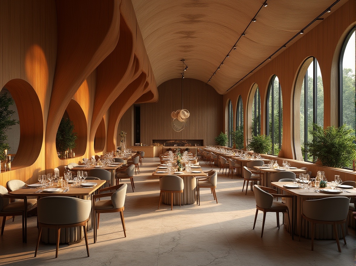 Prompt: Elegant dining hall, flowing organic curves, natural materials, reclaimed wood accents, earthy tones, warm candlelight, lush greenery, botanical prints, sculptural furniture, sinuous lines, minimalist decor, soft diffused lighting, shallow depth of field, 2/3 composition, atmospheric perspective, realistic textures, ambient occlusion.