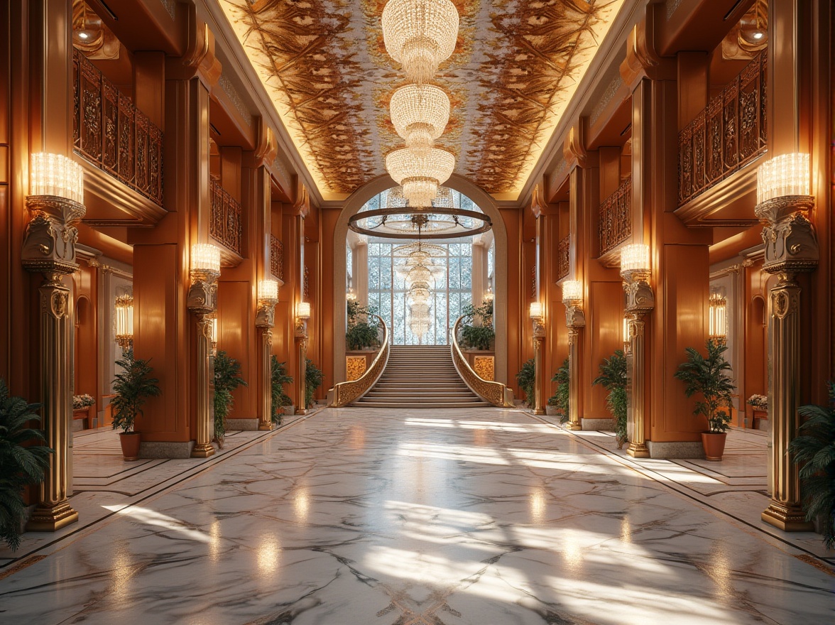 Prompt: Elegant pavilion, ornate facade, Art Deco patterns, metallic accents, geometric shapes, luxurious materials, vibrant colors, intricate details, symmetrical composition, grand entrance, sweeping staircases, opulent chandeliers, polished marble floors, lavish textiles, stylized typography, futuristic lighting, shallow depth of field, 1/1 composition, cinematic view, realistic reflections, ambient occlusion.