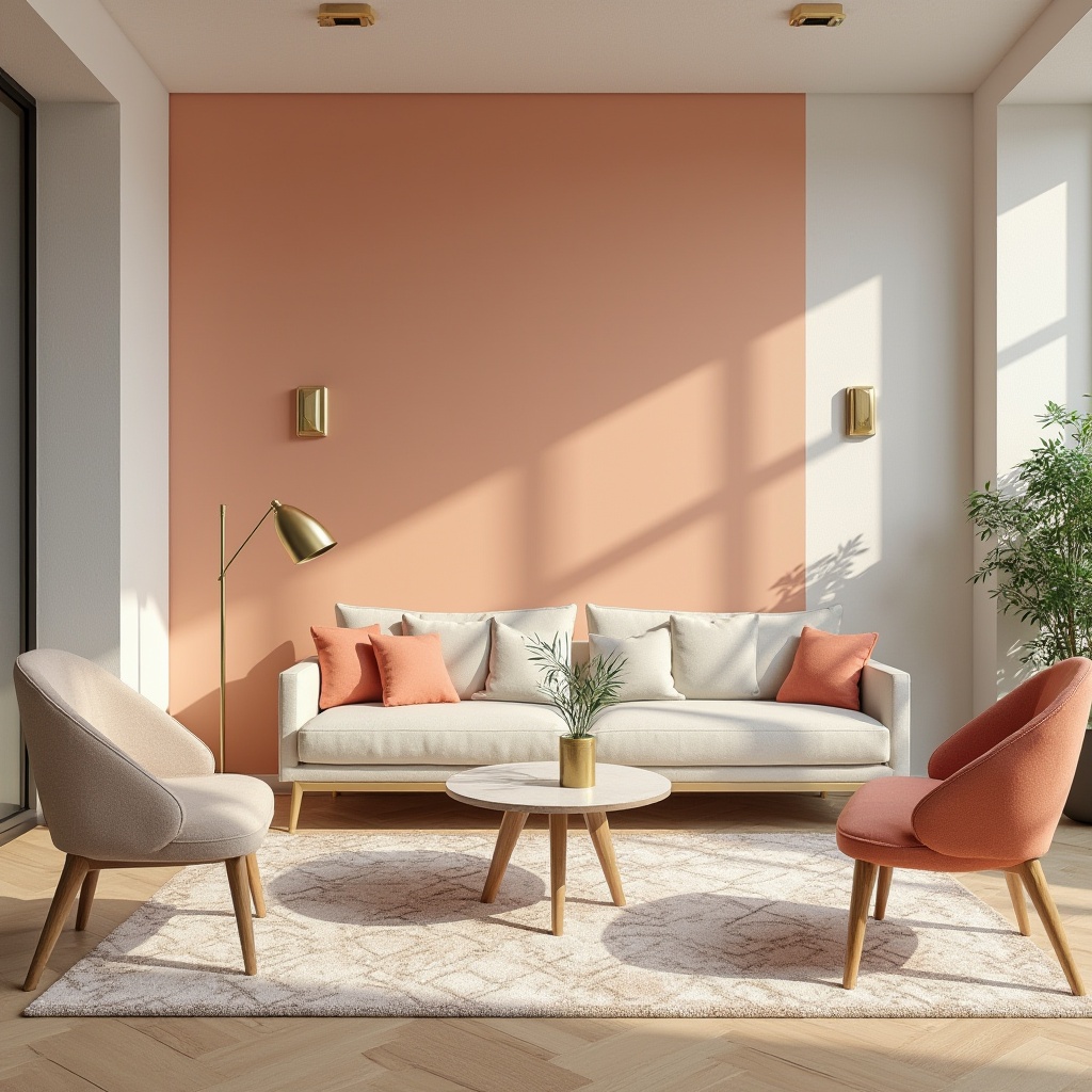 Prompt: Vibrant modern interior, sleek furniture, bold accent walls, pastel color scheme, soft natural light, creamy whites, rich wood tones, metallic accents, geometric patterns, textured rugs, statement lighting fixtures, 3/4 composition, shallow depth of field, realistic rendering.