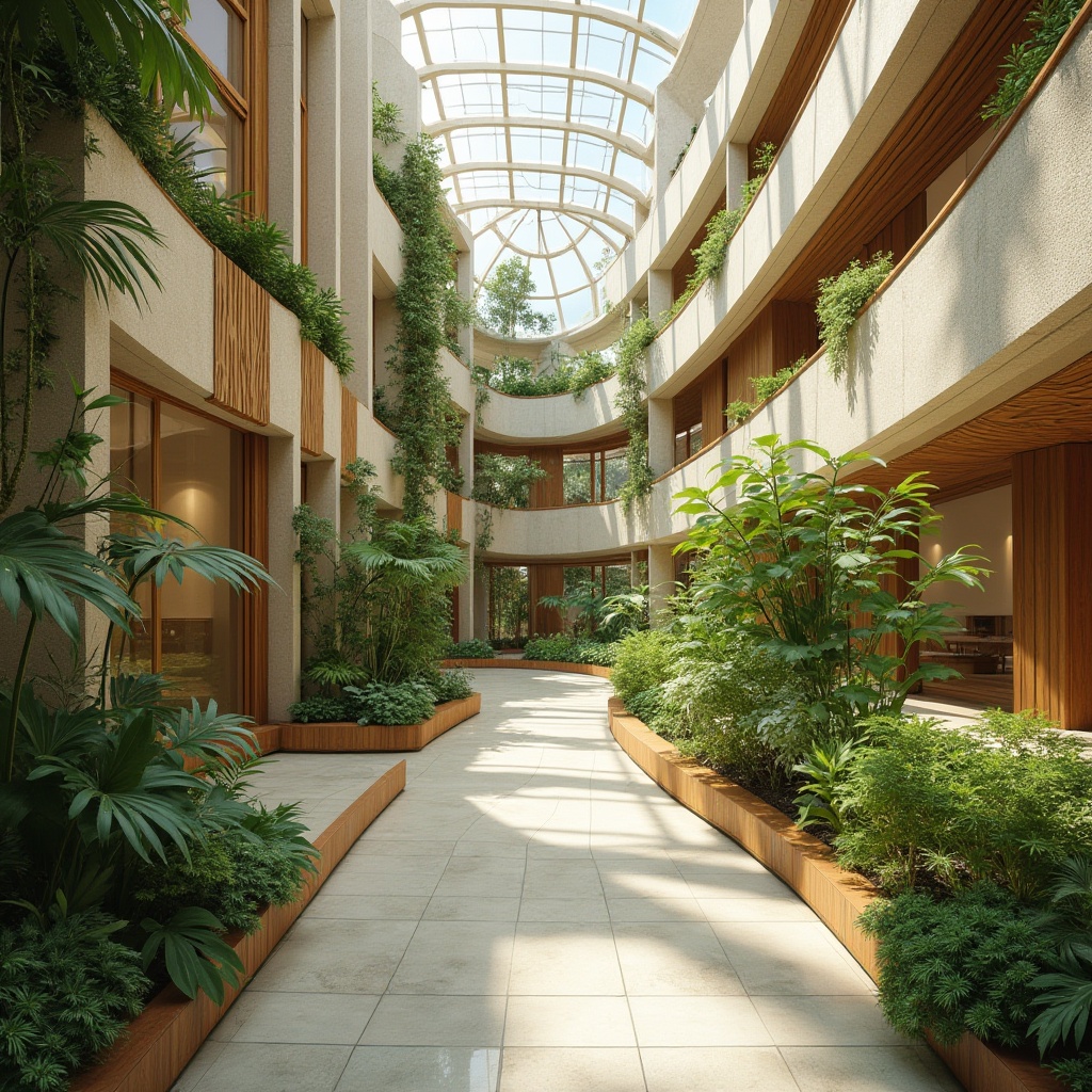 Prompt: Vibrant atrium, lush greenery, natural stone walls, wooden accents, floor-to-ceiling windows, skylights, clerestory windows, open-plan interior, reflective surfaces, minimal shading devices, solar tubes, light shelves, overhangs, cantilevered roofs, transparent glass facades, subtle color palette, warm beige tones, earthy materials, organic forms, curved lines, soft diffused lighting, 1/1 composition, realistic textures, ambient occlusion.