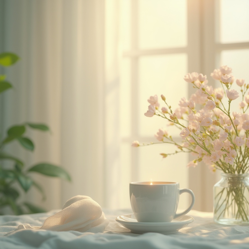 Prompt: Soft pastel hues, calming ambiance, gentle gradient transitions, creamy whites, warm beige tones, soothing blues, muted greens, earthy terracotta shades, subtle texture overlays, elegant typography, balanced composition, 2/3 aspect ratio, natural light simulation, warm golden hour lighting, atmospheric depth of field.