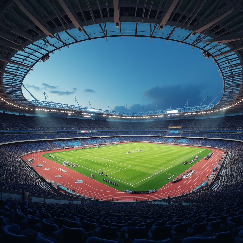 Prompt: Modern sports stadium, sleek curved lines, dynamic angular forms, cantilevered roofs, translucent membranes, grandstand seating, athletic tracks, grassy fields, vibrant team colors, scoreboard displays, floodlighting systems, nighttime ambiance, shallow depth of field, 1/1 composition, symmetrical view, realistic textures, ambient occlusion.