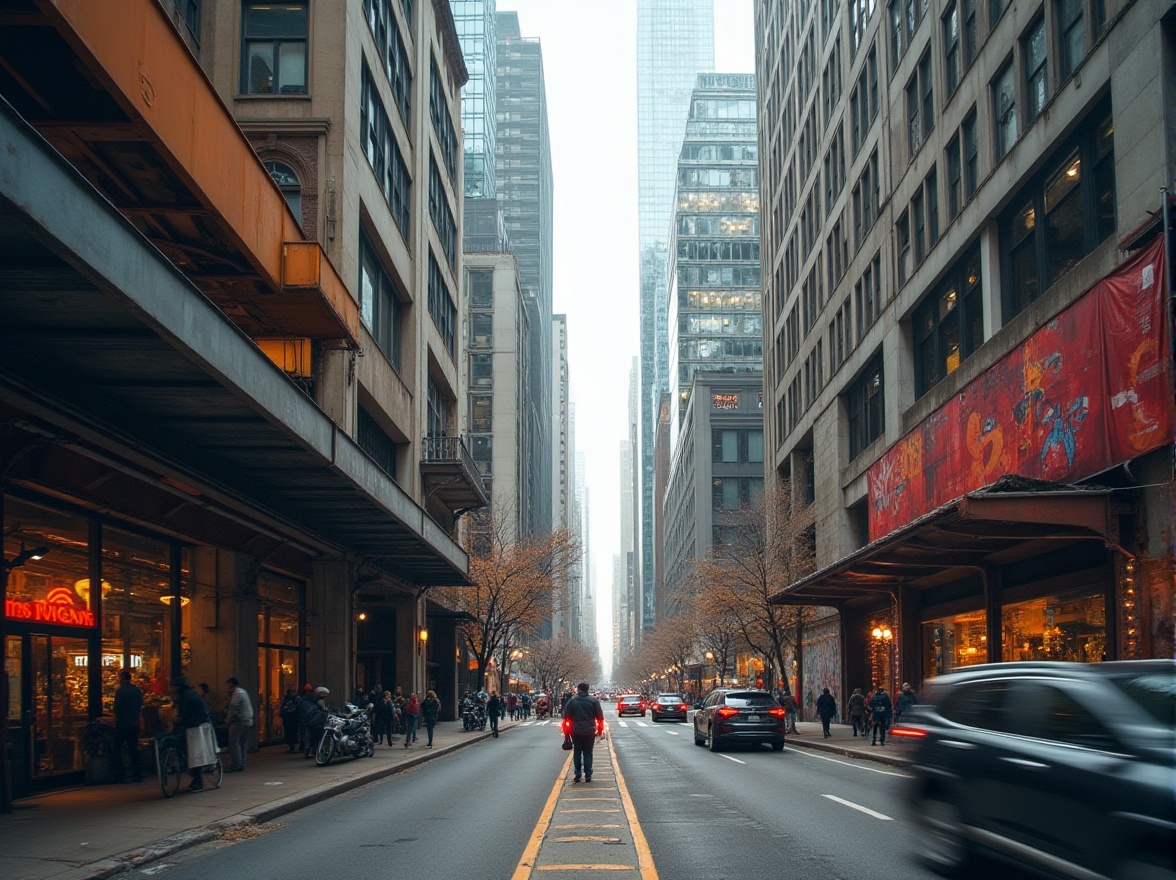 Prompt: Urban cityscape, modern skyscrapers, glassy reflections, concrete buildings, metallic facades, industrial textures, rusty steel beams, exposed brick walls, urban graffiti, vibrant street art, bustling streets, busy pedestrians, honking cars, blurred motion, shallow depth of field, 1/2 composition, dramatic lighting, warm color palette, atmospheric haze, realistic weathering effects.