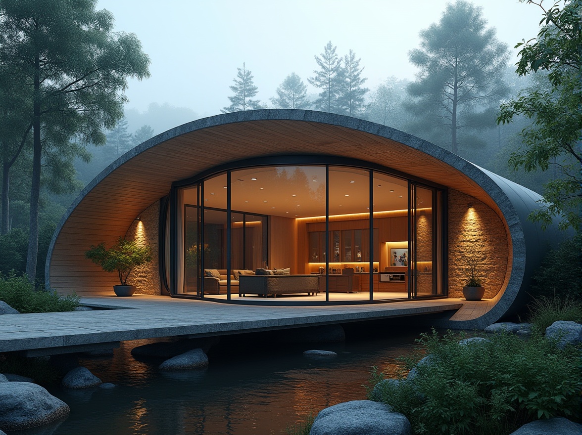 Prompt: Curved villa facade, sleek modern lines, large glass windows, sliding doors, minimalist decor, natural stone cladding, horizontal wooden accents, hidden LED lighting, soft warm glow, lush greenery surroundings, serene forest stream, calm misty morning, shallow depth of field, 1/1 composition, symmetrical framing, cinematic color grading, realistic reflective surfaces.