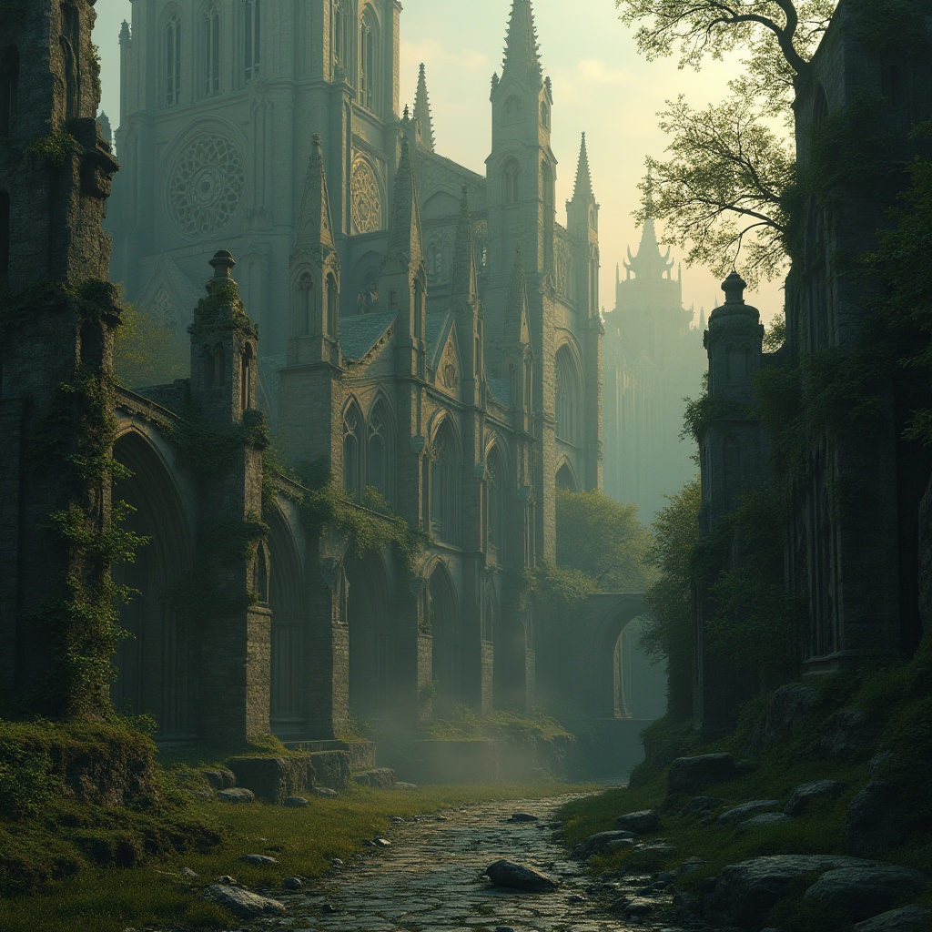 Prompt: Mysterious Gothic cathedral, intricately carved stone facades, grandiose rose windows, mystical stained glass, towering spires, lush greenery overgrowth, moss-covered statues, ancient ruins integration, misty foggy atmosphere, warm golden lighting, dramatic shadows, atmospheric depth of field, 1/2 composition, symmetrical perspective, realistic weathering effects, ambient occlusion.