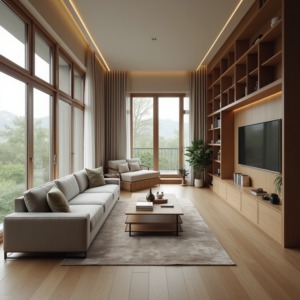 Prompt: Minimalist living room, sleek wooden flooring, comfortable sofas, modern coffee table, floor-to-ceiling windows, natural lighting, functional storage units, wall-mounted shelves, built-in bookcases, cozy reading nook, soft ambient illumination, 1/1 composition, shallow depth of field, realistic textures, subtle color palette.