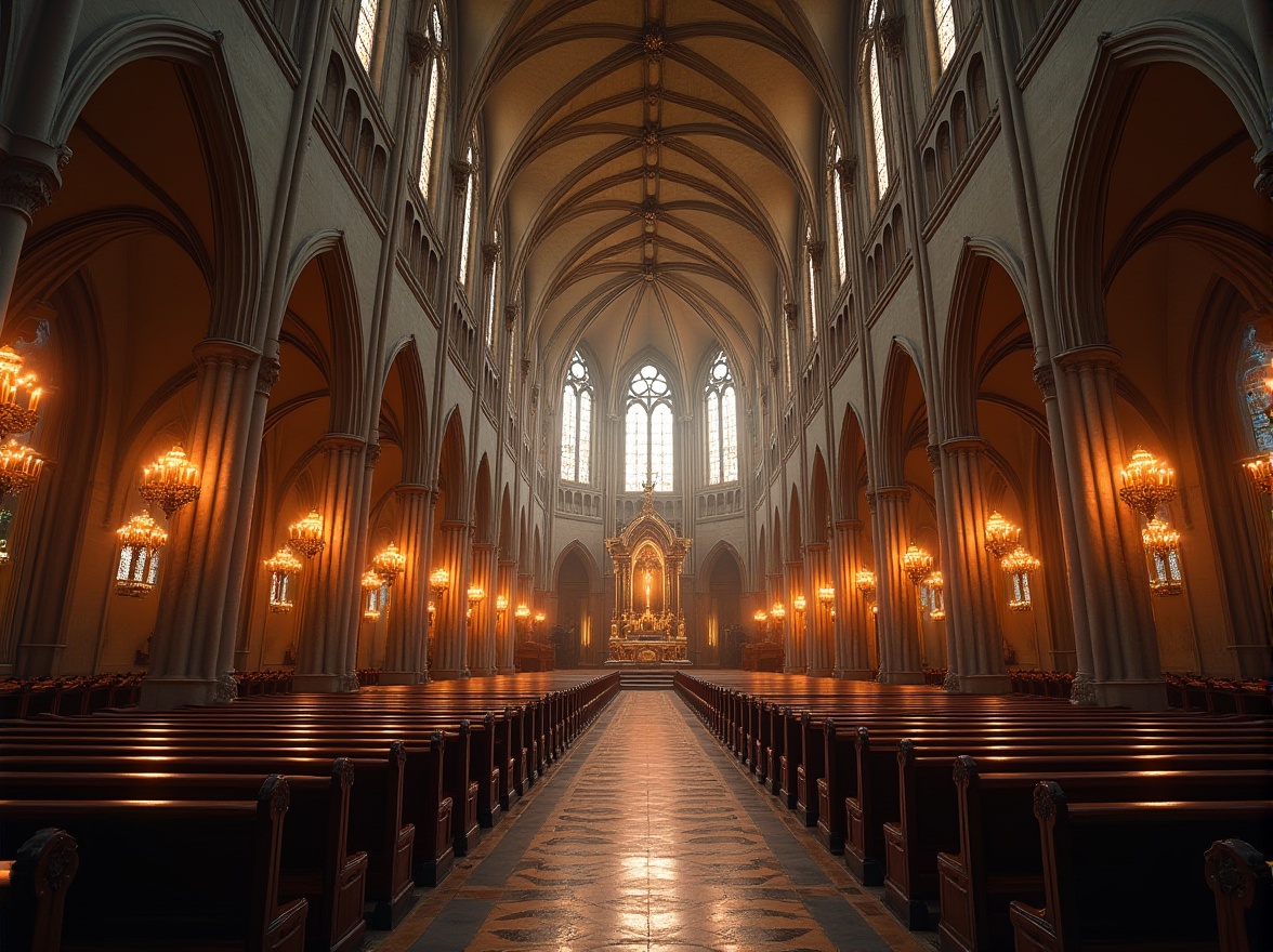 Prompt: Elegant cathedral, soaring vaulted ceilings, ribbed arches, stained glass windows, intricate stone carvings, grandiose chandeliers, ornate pews, lavish altarpieces, mystical ambiance, soft warm lighting, dramatic shadows, high contrast ratio, 1/2 composition, symmetrical framing, rich textiles, luxurious fabrics, majestic atmosphere, reverent silence.