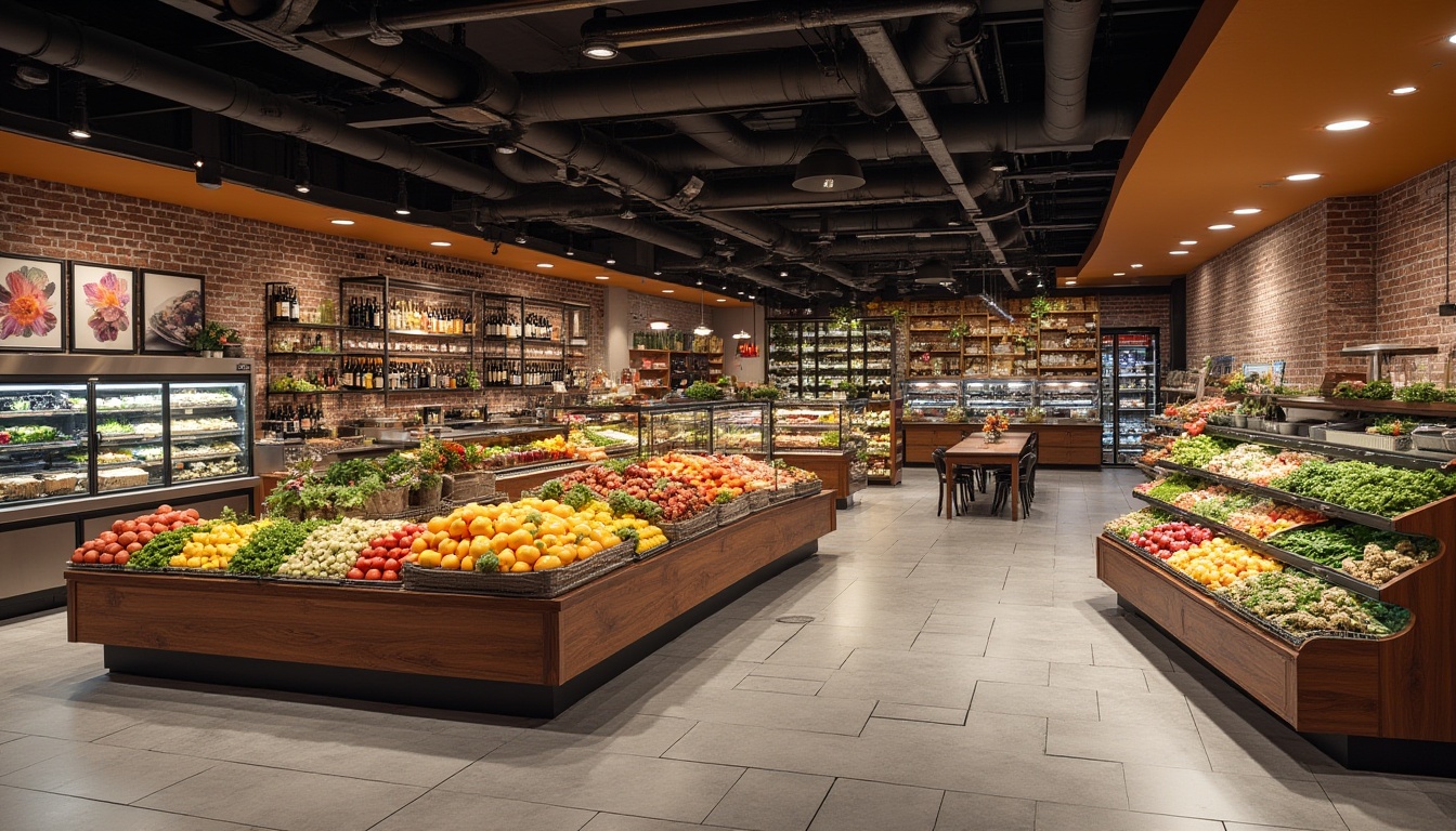 Prompt: Vibrant produce stands, rustic wood accents, polished metal shelves, glass-enclosed wine cellar, decorative brick walls, modern LED lighting, warm color scheme, inviting seating areas, natural stone flooring, ceramic tile backsplashes, industrial-style ductwork, stainless steel countertops, refrigerated display cases, overhead signage, open ceiling design, 1/2 composition, softbox lighting, realistic reflections, ambient occlusion.