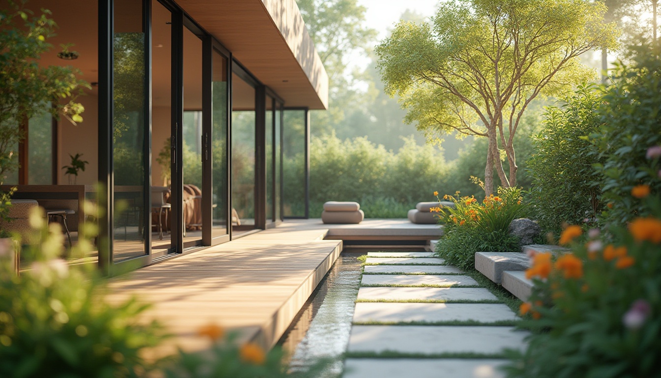 Prompt: Blurred boundaries, seamless transitions, floor-to-ceiling windows, sliding glass doors, natural light flooding, airy atmosphere, lush greenery, vibrant flowers, outdoor furniture, wooden decking, stone pathways, water features, modern minimalist architecture, clean lines, neutral color palette, reflective surfaces, subtle shading, shallow depth of field, 1/2 composition, soft warm lighting, ambient occlusion.