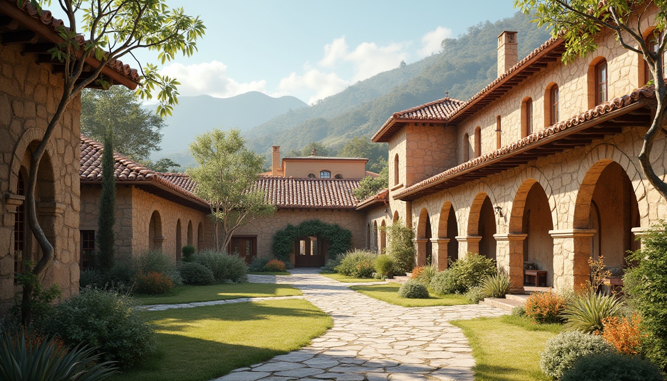 Prompt: Rustic monastery buildings, terracotta roof tiles, curved arches, stone walls, tranquil courtyard, lush greenery, vibrant flowers, serene atmosphere, soft natural lighting, warm beige colors, earthy textures, regional architectural style, innovative roof structures, asymmetrical shapes, bold cantilevers, dramatic overhangs, modern materials integration, solar panels, rainwater harvesting systems, eco-friendly roofing solutions, 3/4 composition, panoramic view, realistic textures, ambient occlusion.