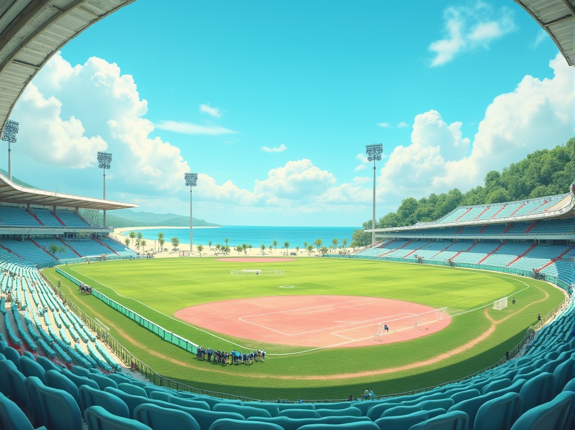 Prompt: Vibrant sports fields, coastal scenery, bright blue skies, fluffy white clouds, lush green grass, sandy beachside terrain, weathered wood bleachers, colorful team uniforms, modern stadium architecture, sleek metal goalposts, ocean-inspired color scheme, calming seafoam greens, energetic coral pinks, sunny day, soft warm lighting, shallow depth of field, 3/4 composition, panoramic view, realistic textures, ambient occlusion.